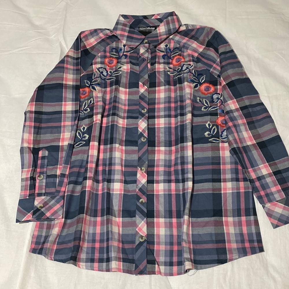 Tolani collection Estrella button front plaid top with embroidery